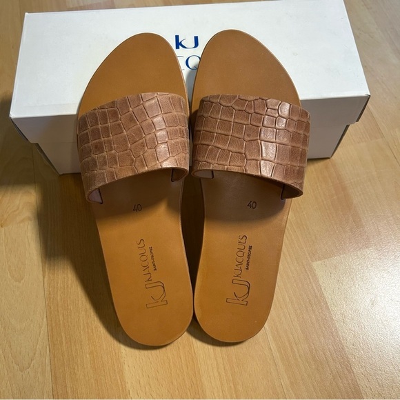 NWT K. Jacques Arezzo Slides Croc-Embossed Brown Leather Size 40 - Picture 2 of 10